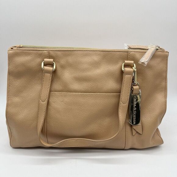 Emma & Sophia Large‎ Leather Tan Handbag Purse Studded Feet Handle Crossbody - Picture 1 of 16